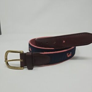 Men's YRI Nautical Navy/ Pink Whale Solid Brass Leather Belt size 38/95 Made USA